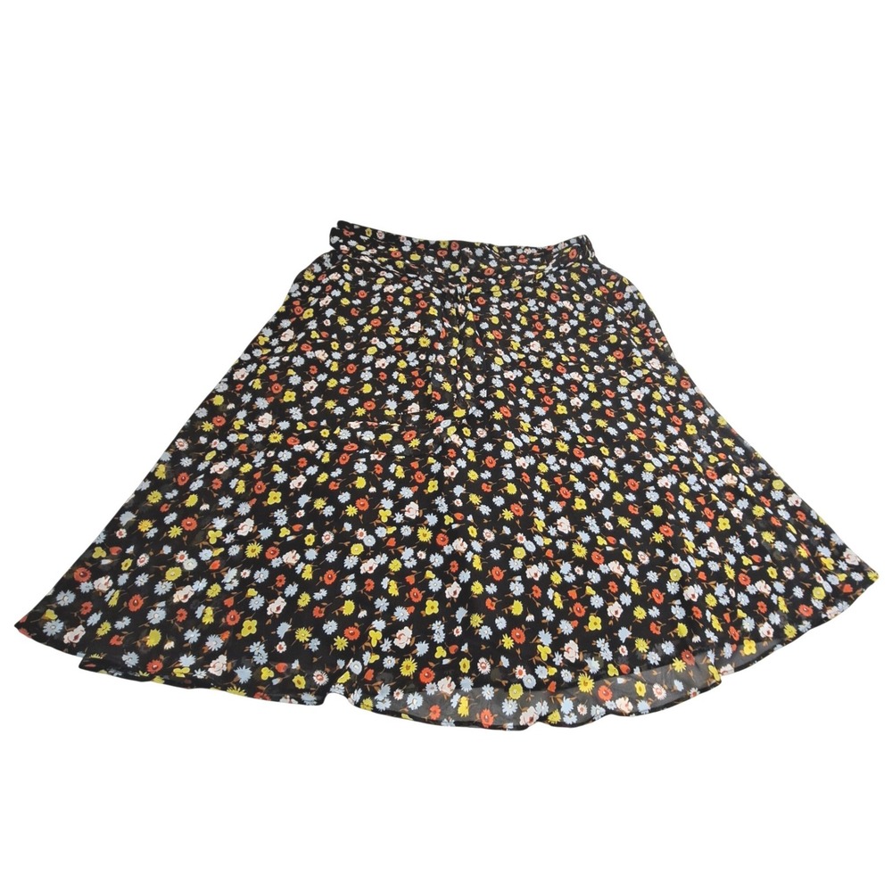 Ann Taylor Factory Black Floral Chiffon A-Line Skirt Womens L‎ Belt Lined Flirty